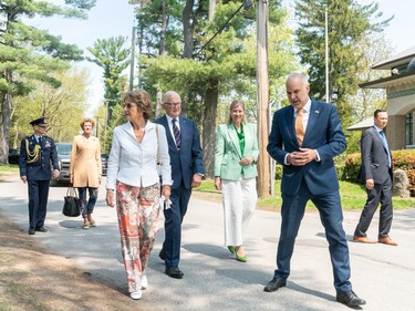 Her Royal Highness, Princess Margriet of the Netherlands, walks toward the new tulip bed at Stornoway, her childhood house, accompanied by her husband, Professor Pieter van Vollenhoven, and the NCC's CEO Tobi Nussbaum and the Ambassador of the Kingdom of the Netherlands, Ines Coppoolse for a ceremonial planting of tulips.