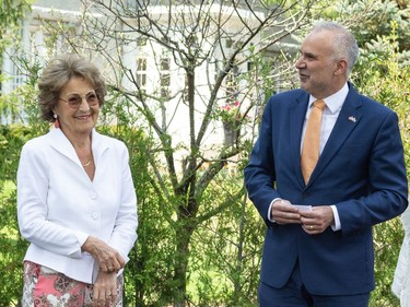 Her Royal Highness Princess Margriet of the Netherlands is greeted by the CEO of the NCC Tobi Nussbaum at Stornoway for a ceremonial planting of tulips, May 12, 2022.