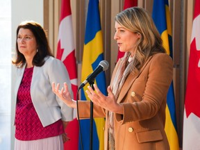 Minister of Foreign Affairs Melanie Joly, (right) and Minister for Foreign Affairs of Sweden, Anne Linde, hold a bilateral press conference in Ottawa, Thursday, May 5, 2022.