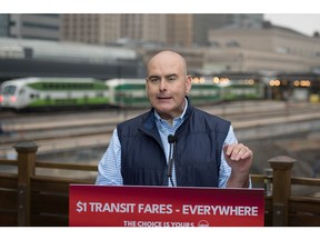 Steven Del Duca, leader of Ontario's Liberal Party, announces that he will reduce transit fares to $1 per ride across the province if the Liberals take power.