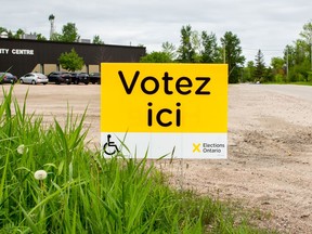 File: a "Vote Here" sign stands outside a community centre polling station.