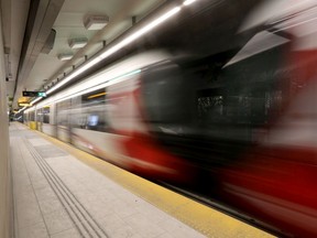 A photo taken in March shows an LRT car at Rideau Station.