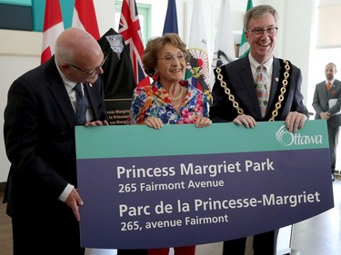Mayor Jim Watson hosted Her Royal Highness Princess Margriet of the Netherlands at City Hall Friday. The day included the unveiling of a plaque for the newly renamed Princess Margriet Park, a private tour of a City of Ottawa Archives exhibit tracking the Dutch Royal Family's connection with Ottawa, and a luncheon with veterans and residents of Dutch heritage. Holding the new sign is councillor Jeff Leiper along with Princess Margriet and Mayor Jim Watson.