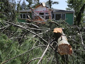 Home owners and crews clean up the mess from the derecho wind storm on Pineglen Crescent in Ottawa Wednesday.