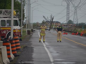 Downed hydro lines closed Shea Road in Stittsville after Saturday afternoon's wild storm.