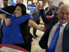 Progressive Conservative Goldie Ghamari, pictured here celebrating at the Manotick Legion on Thursday, has been re-elected in Carleton.