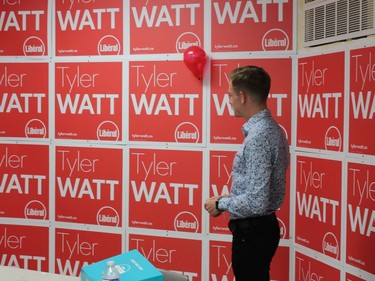 Liberal candidate Tyler Watt waits for results at his campaign office in Nepean.