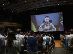 Volodymyr Zelenskyy, president of Ukraine, addresses students at the University of Toronto during an event hosted by U of T President Meric Gertler and the Munk School of Global Affairs & Public Policy at Innis Town Hall Theatre, Wednesday, June 22, 2022.