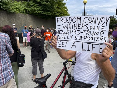 Counter-protesters gathered  near the Oscar Peterson monument on Elgin Street on Thursday, Jun. 30, 2022.