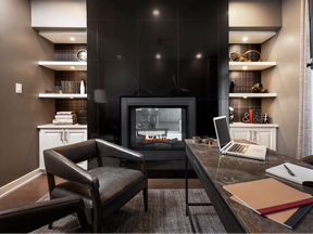“We included built-ins in this office because the fireplace was in the centre of the room and the niches on either side of the fireplace made it the perfect fit for two matching built-ins,” says designer Kayla Pollock. “It creates a symmetrical focal point in the room and serves as a functional space for hidden storage.”