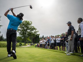 Pat Perez, a PGA player and special guest for the event, drove the ball off the tee during the Feherty Classic’s 9-hole round at The Royal Ottawa Golf Club.