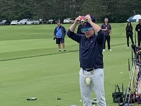 Former Ottawa Senators captain Daniel Alfredsson sports a jock outside of his pants, a pair of clown-sized blue plastic glasses over his eyes and a Pabst Blue Ribbon baseball cap turned inside during the David Feherty Classic at Gatineau’s Royal Ottawa Golf Club on Monday afternoon.