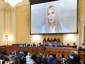 Ivanka Trump, daughter of former U.S. President Donald Trump who served as a senior advisor during his administration, appears on screen during a hearing by the Select Committee to Investigate the January 6th Attack, on June 9, 2022 in Washington, D.C.