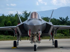 A U.S. Air Force F-35 Lightning II aircraft from the Vermont Air National Guards 134th Fighter Squadron is seen on a tarmac in southeastern Europe.