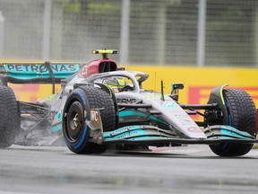 Mercedes' British driver Lewis Hamilton takes a turn during the third practice session for the Canada Formula 1 Grand Prix on June 18, 2022, at Circuit Gilles-Villeneuve in Montreal.