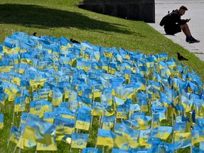 A man sits near a grass plot in Kiev decorated with small Ukrainian flags signed with the names of the Ukrainian servicemen killed in the war with Russia.