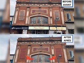A photo illustration shows the difference on the façade of Barrymore's after Ottawa By-law moved in to begin repair work on the building.