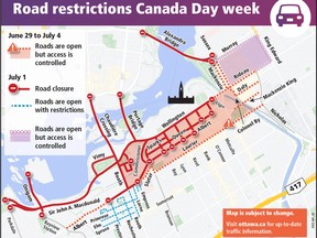 Map from the City of Ottawa showing road restrictions in the downtown core from June 29 to at least July 4. City of Ottawa