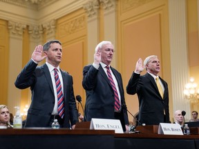 From left, witnesses Steven A. Engel, Jeffrey Rosen and Richard Donoghue appear before the House Jan. 6 committee on June 23, 2022. Washington Post photo by Demetrius Freeman.