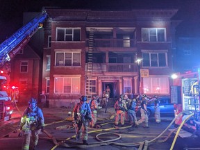 Ottawa Fire on the scene of a two-alarm fire on Elgin ST near Gladstone. Fire was in a top floor unit with extension into the roof space above.