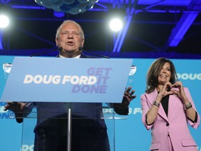 Ontario PC Party Leader Doug Ford and wife Karla react after he was projected to have been re-elected as the Premier of Ontario in Toronto Thursday, June 2, 2022.