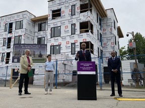 Housing Minister Ahmed Hussen, the Right Rev. Shane Parker, Bishop of the Anglican Archdiocese of Ottawa, city councillor and council housing and homelessness liaison Catherine McKenney, and Nepean MP Chandra Arya gathered for an announcement about an affordable housing development in Bells Corners by the Anglican Archdiocese of Ottawa.
