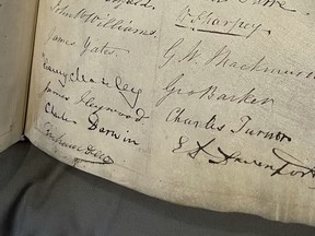 Signature of Charles Darwin in the charter book of the Royal Society of London.  The book contains the signatures of all members since its founding in 1660, including that of Sir Isaac Newton.