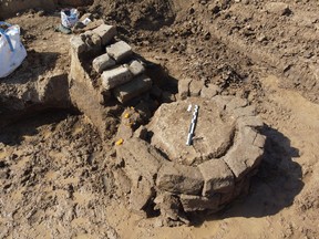 A Roman vestige is seen on a site where archaeologists discovered a Roman temple in Zevenaar, central-east Netherlands May 4, 2022.
