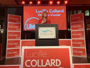 Ottawa-Vanier Liberal incumbent Lucille Collard greets supporters at her watch party turned victory party, having secured her return to Queen's Park.