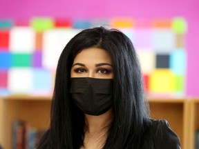 Carleton riding Conservative candidate Goldie Ghamari wears a mask while visiting Vimy Ridge Public School on April 21.