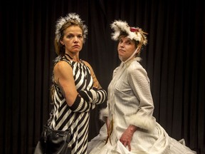 Sam Stephens LeClair, left, as Zed, a zebra who's in charge of the River Heights Zoo; and Jennifer Rowberry as Ava, a whooping crane whose eggs are stolen. The two are performing in Ottawa School of Theatre's Poached Eggs: A Hoo-Hoo-Hooooo-Dunnit, on June 3 and 4, 2022 at the Shenkman Centre.