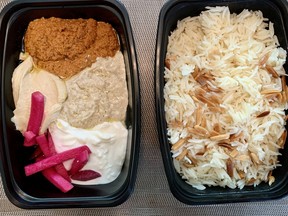 Syrian Kitchen dips and pickled turnips, plus Syrian Kitchen rice.