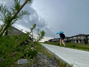 Une veille de tornade est en vigueur pour jeudi après-midi et en début de soirée à Ottawa de Kanata à Orléans et aussi loin au sud que Richmond et Metcalfe.  Une jeune femme marche dans une rue résidentielle de Stittsville avant que les fortes pluies ne frappent le jeudi 16 juin 2022.