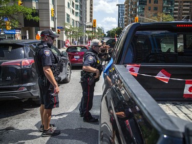 A group of 'freedom' supporters gathered together in the west end of Ottawa  in the Structube parking lot on Saturday, July 23, 2022. The group left the lot midday and did a slow-roll protest in support of the Dutch farmers along the 417. The group then met with another group of protesters outside the Dutch Embassy in Constitution Square and moved their protest around the downtown core hitting the National War Memorial, Parliament Hill and many downtown streets. As of 6:30 p.m. Saturday evening, 103 tickets had been issued and 12 vehicles had been towed.