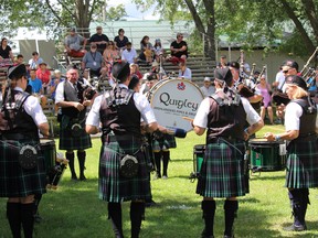 The Quigley band from Lochiel in North Glengarry performing in the round at the highland games. Photo on Friday, July 29, 2022, in Maxville, Ont.