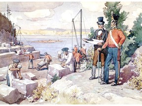 Lt.-Col. John (at right) is shown in this painting conferring with builder Thomas McKay (top hat) as the two men direct early construction on the Rideau Canal in 1826. (National Archives of Canada. C-73703)