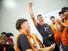 The 2022 Ontario Summer Indigenous Games (OSIG) were held in Ottawa this weekend and the closing ceremonies took place at the University of Ottawa, Sunday, July 31, 2022. Coach Gerry Benoit, an indigenous graduation coach with the Renfrew Catholic District School Board and the coach since 2014, cheers with his JPD players after receiving their gold medals.