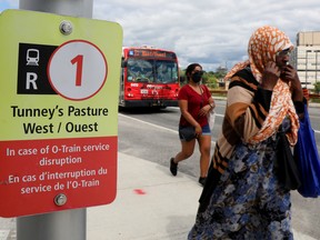 OTTAWA- July 25, 2022 --R1 OC Transpo LRT bus replacement in Ottawa, July 25, 2022 on Albert St.