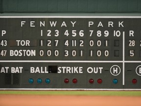 BOSTON, MASSACHUSETTS - JULY 22: A general view of the Green Monster scoreboard after the Toronto Blue Jays defeated the Boston Red Sox at Fenway Park on July 22, 2022 in Boston, Massachusetts.