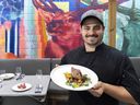 Chef-owner Ian Carswell of Black Tartan Kitchen displays a main course of Little Honey Livestock Beef with candied fingerling potatoes, JCB mushrooms and Nature's Apprentice Vegetables, in the dining area on the patio of his Carleton Place restaurant. 