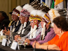 Grand Chief George Arcand Jr. of the Confederacy of Treaty Six First Nations and chief of Alexander First Nations speaks during a news conference on Thursday, July 21, 2022, with First Nations chiefs and residential school survivors ahead of a visit by Pope Francis to Edmonton.