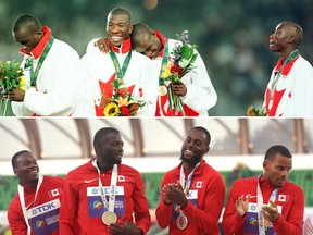 THEN: From left, gold medal winners Bruny Surin, Glenroy Gilbert, Donovan Bailey and Robert Esmie; AND NOW: Gold medal winners Aaron Brown, Jerome Blake, Brendon Rodney and Andre De Grasse.