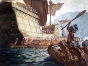 A 1909 painting by George Agnew Reid shows the arrival of Samuel de Champlain at the future site of Quebec City in 1608. The concept of the Doctrine of Discovery played a central role in the colonization of the “New World,” specifically the Americas.