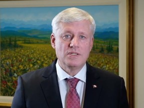 Former prime minister Stephen Harper talks about the current Conservative party leadership on a video released on Twitter, July 25, 2022.