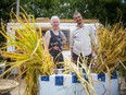 Dr. Barry Bruce (left) of West Carleton Family Health Team and the Deep Roots Food Hub along with Cory Baird and Marhlee Gaudet (not pictured) of Eldon's Pantry and Baird's Chips marked the opening of their open-air food market in Carp on Saturday.