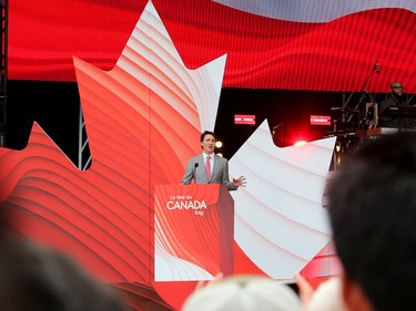 Prime Minister Justin Trudeau addresses the crowd on LeBreton Flats during Canada Day festivities.