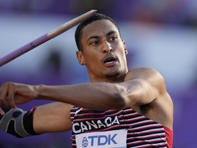Pierce Lepage, of Canada, competes in the decathlon javelin throw at the World Athletics Championships on Sunday, July 24, 2022, in Eugene, Ore.