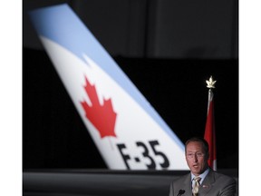Peter MacKay, then-minister of National Defence, speaks to the military and media as he announces Canada will be acquiring the Lockheed Martin Joint Strike Fighter F-35 Lighting II in July 2010.