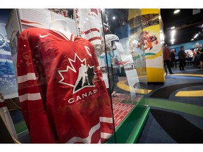 A Hockey Canada jersey is displayed with memorabilia from the 2010 Olympics at the B.C. Sports Hall of Fame.