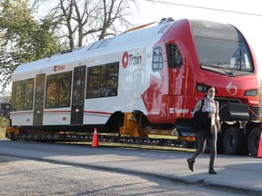 A file photo of one of the new trains for Stage 2 of Ottawa's LRT system, delivered in October 2021.